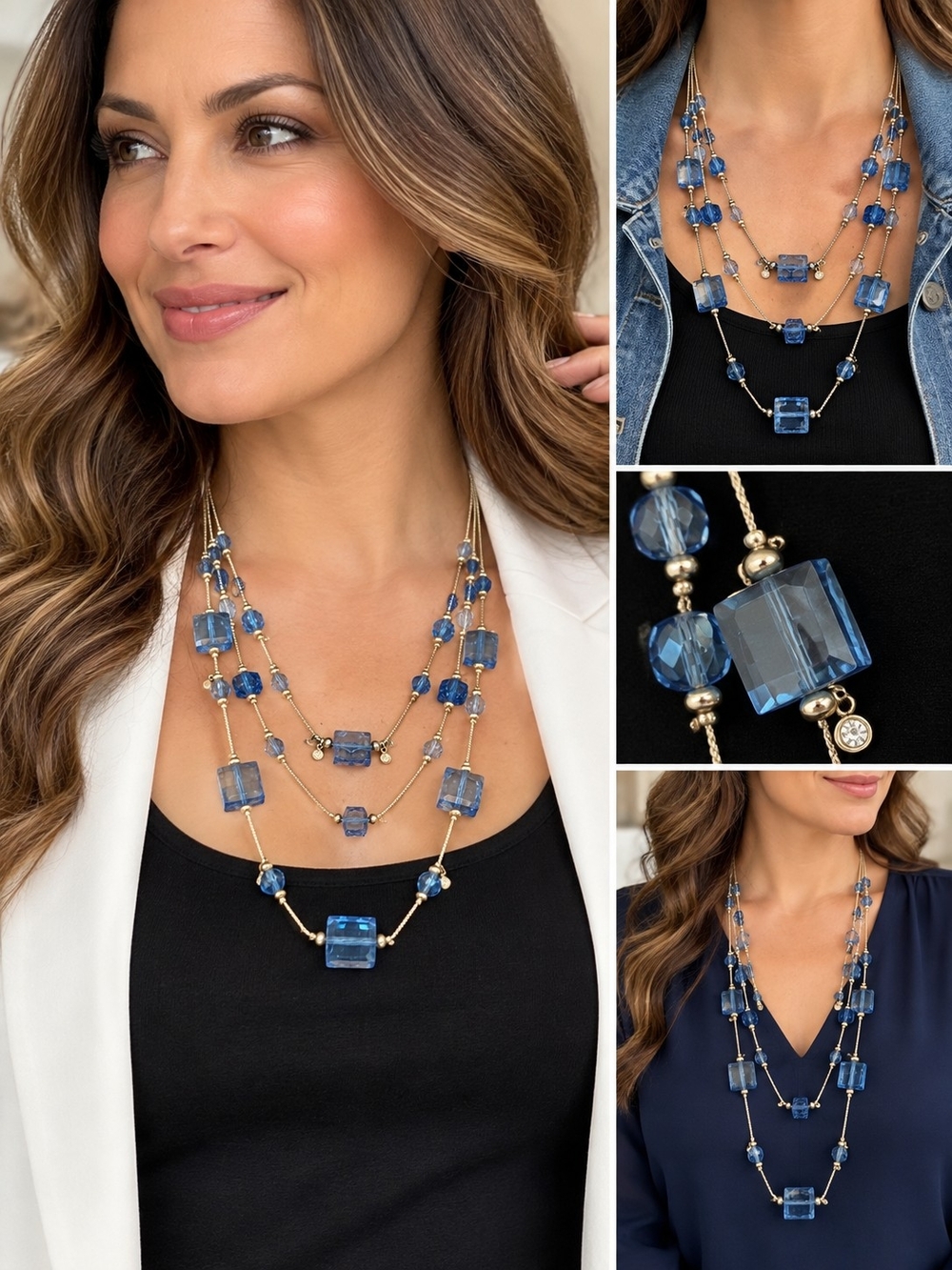 Layered Blue Crystal Multi-Strand Necklace